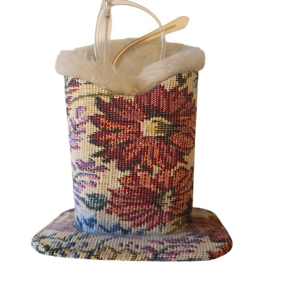 VINTAGE Eyeglasses Holder‎ Tableside Lined In Faux Fur Floral Brocade - Picture 1 of 8
